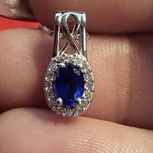 Blue Sapphire and White Zircon Halo Sterling Silver Pendant Necklace